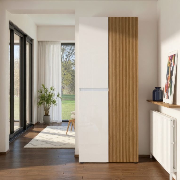 Armadio Multiuso Grande Bianco Lucido Marrone Rovere Cassetti 10 Ripiani 80x200h cm, 3 Ante - Palasio