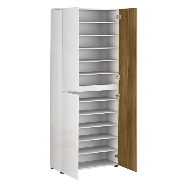 Armadio Multiuso Grande Bianco Lucido Marrone Rovere Cassetti 10 Ripiani 80x200h cm, 3 Ante - Palasio