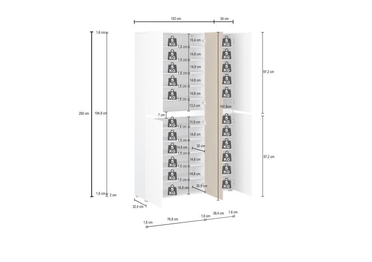 Armadio Multiuso Grande Bianco Lucido Marrone Rovere Cassetti 20 Ripiani 120x200h cm, 5 Ante - Palasio