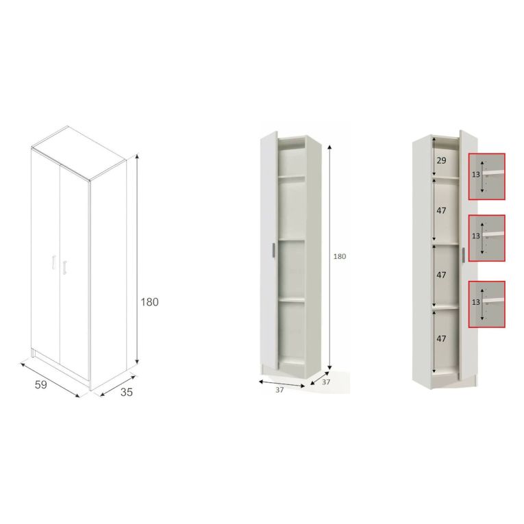Armadio Multiuso Grande Bianco Modulabile 6 Ripiani 96x180h cm, 3 Ante - Molteno