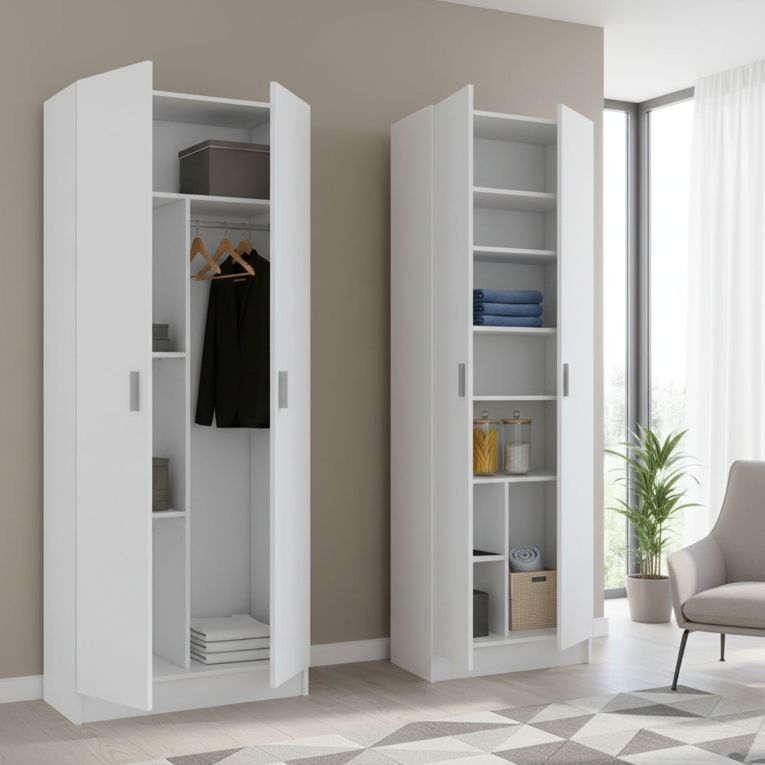 Armadio Multiuso Grande Bianco Modulabile 9 Ripiani 132x180h cm, 4 Ante - Dairago