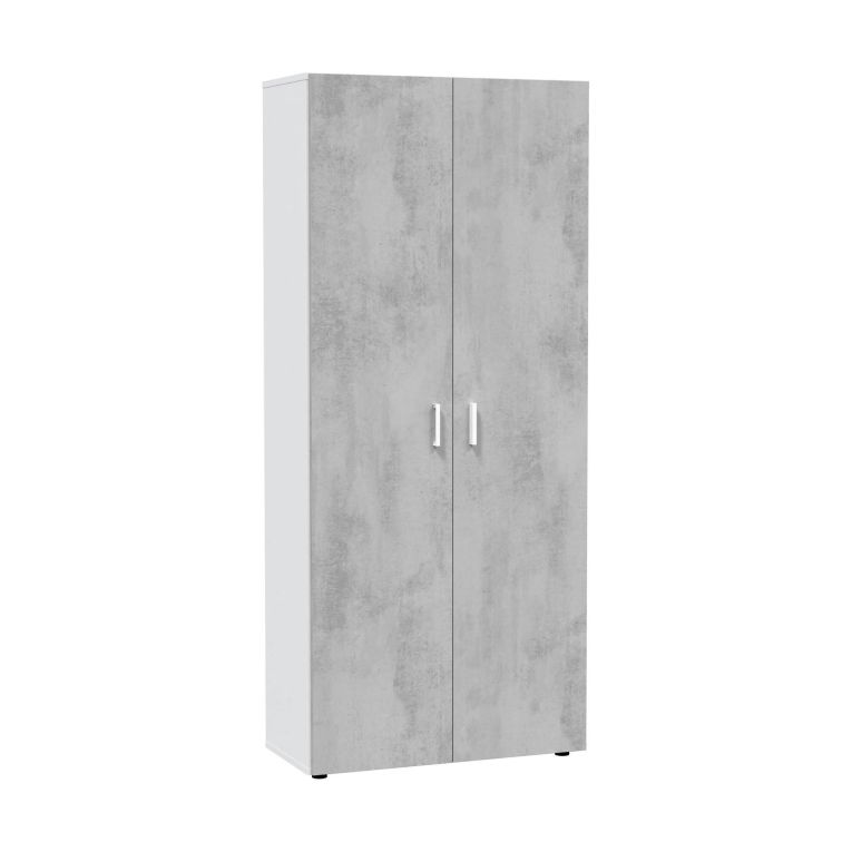 Armadio multiuso Irvine, Mobile ausiliario a 2 ante, Guardaroba portascope a 2 ante e 3 ripiani, 80x37h182 cm, Cemento e Bianco