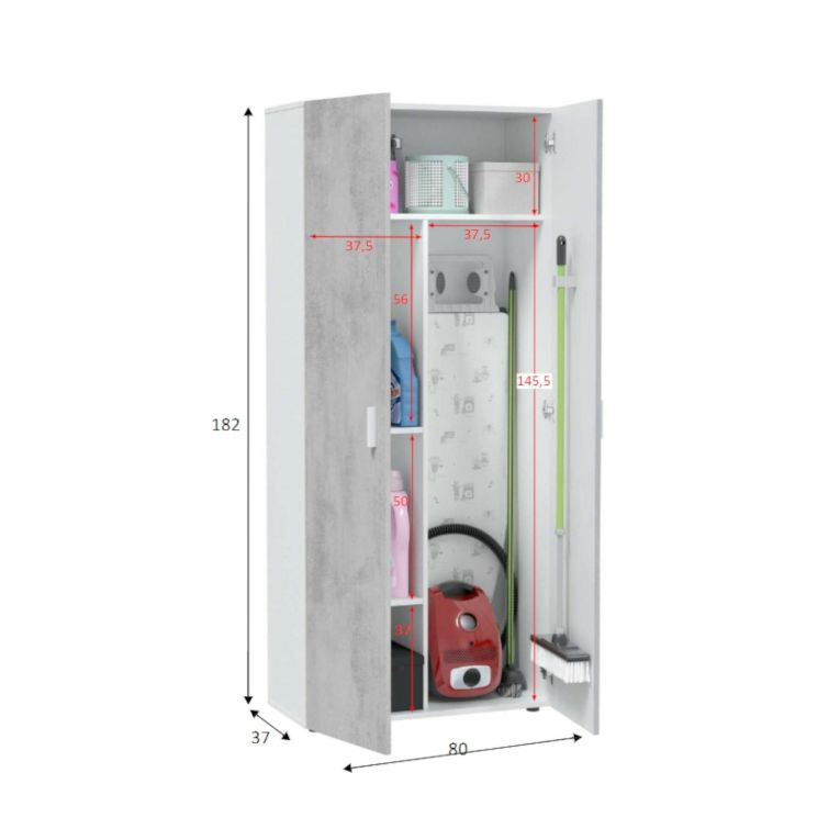 Armadio multiuso Irvine, Mobile ausiliario a 2 ante, Guardaroba portascope a 2 ante e 3 ripiani, 80x37h182 cm, Cemento e Bianco