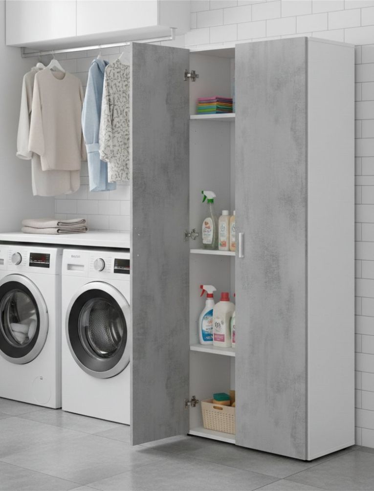 Armadio multiuso Irvine, Mobile ausiliario a 2 ante, Guardaroba portascope a 2 ante e 3 ripiani, 80x37h182 cm, Cemento e Bianco