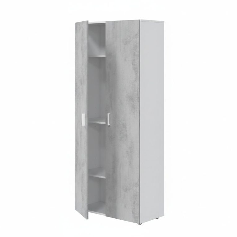 Armadio multiuso Irvine, Mobile ausiliario a 2 ante, Guardaroba portascope a 2 ante e 3 ripiani, 80x37h182 cm, Cemento e Bianco
