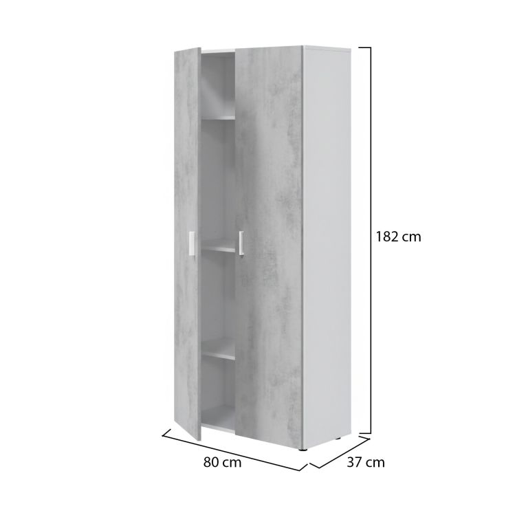 Armadio multiuso Irvine, Mobile ausiliario a 2 ante, Guardaroba portascope a 2 ante e 3 ripiani, 80x37h182 cm, Cemento e Bianco