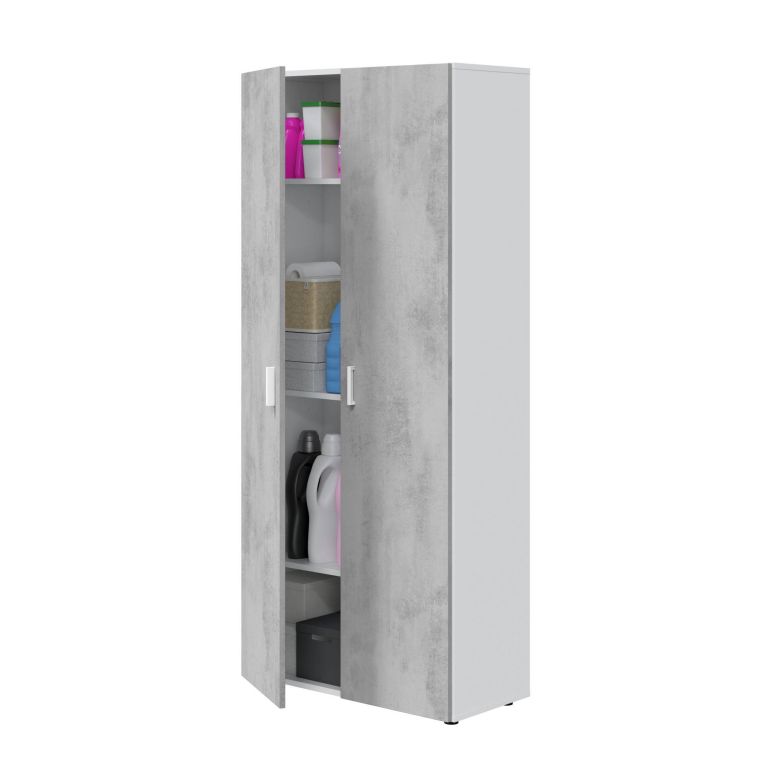 Armadio multiuso Irvine, Mobile ausiliario a 2 ante, Guardaroba portascope a 2 ante e 3 ripiani, 80x37h182 cm, Cemento e Bianco