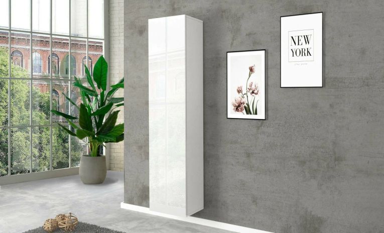 Armadio multiuso Marco, Portascarpe con 1 anta e 4 ripiani, Mobile multifunzione, 100% Made in Italy, cm 40x30h180, Bianco lucido
