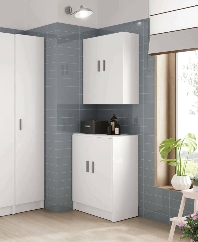 Armadio multiuso Memphis, Mobile ausiliario basso a 2 ante, Portascarpe a 1 ripiano, Armadietto multifunzione, 59x37h80 cm, Bianco