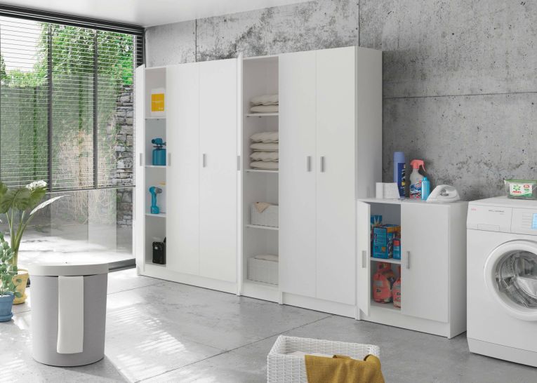 Armadio multiuso Memphis, Mobile ausiliario basso a 2 ante, Portascarpe a 1 ripiano, Armadietto multifunzione, 59x37h80 cm, Bianco