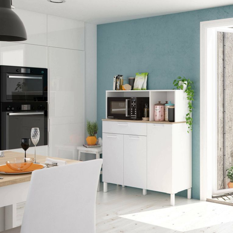 Armadio multiuso Norfolk, Mobile ausiliario da cucina, Credenza a 3 ante e 1 cassetto con ripiani, Armadio aperto, 108x40h126 cm, Bianco e Rovere