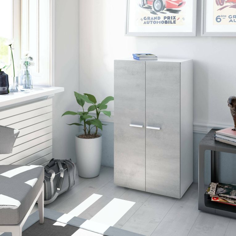 Armadio multiuso Norwalk, Armadio portascarpe a 2 ante, Mobile basso con 6 ripiani, Scarpiera bassa moderna, 55x36h103 cm, Bianco e Cemento