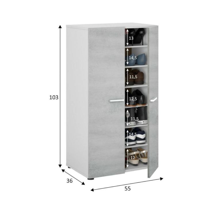 Armadio multiuso Norwalk, Armadio portascarpe a 2 ante, Mobile basso con 6 ripiani, Scarpiera bassa moderna, 55x36h103 cm, Bianco e Cemento