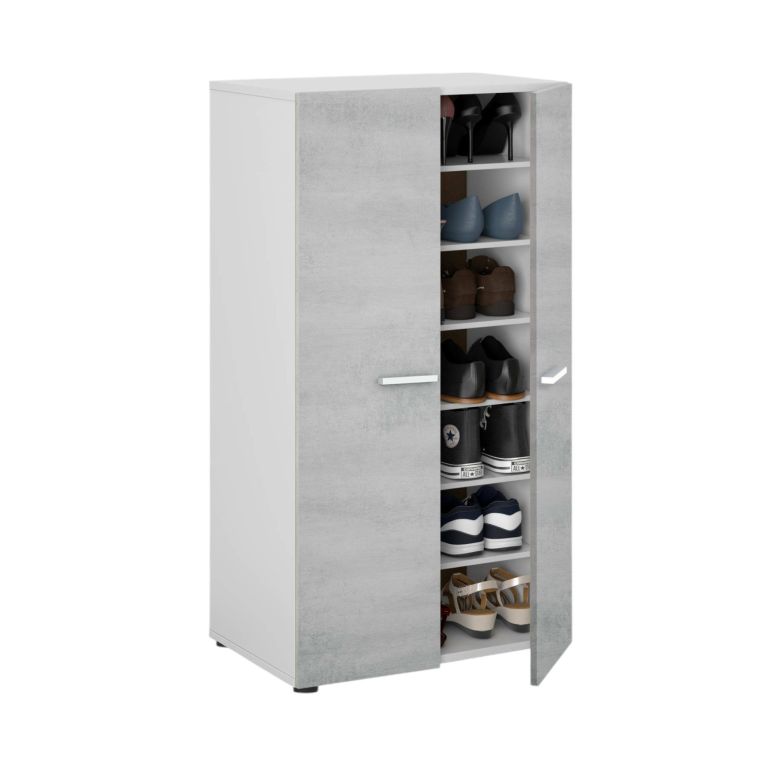 Armadio multiuso Norwalk, Armadio portascarpe a 2 ante, Mobile basso con 6 ripiani, Scarpiera bassa moderna, 55x36h103 cm, Bianco e Cemento