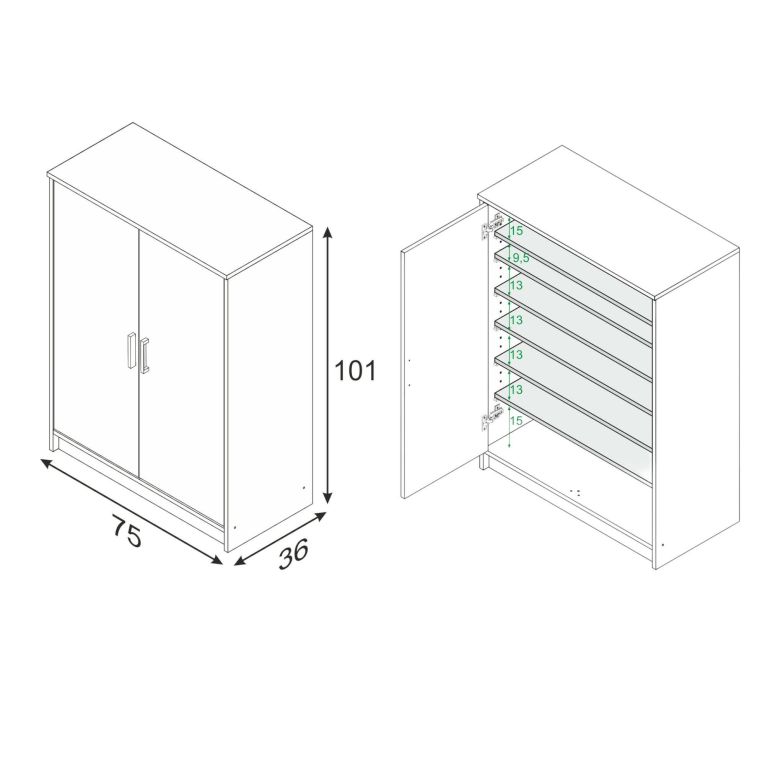 Armadio multiuso Norwalk, Armadio portascarpe a 2 ante, Mobile basso con 6 ripiani, Scarpiera bassa moderna, 75x36h101 cm, Bianco