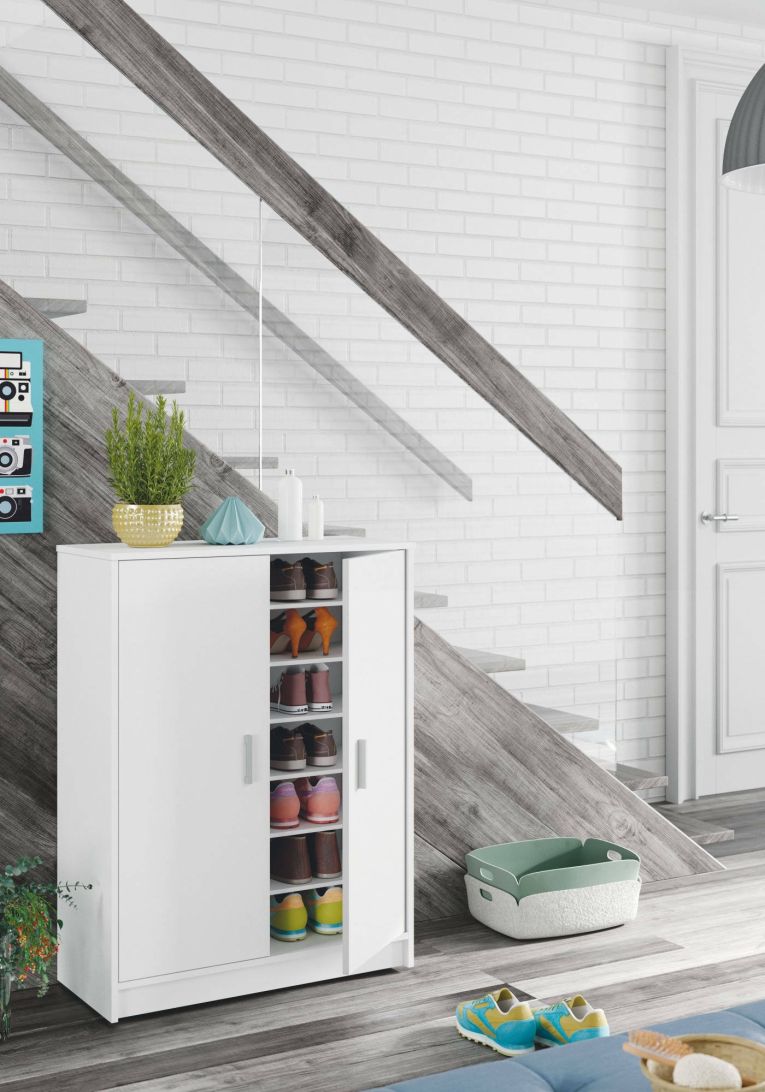 Armadio multiuso Norwalk, Armadio portascarpe a 2 ante, Mobile basso con 6 ripiani, Scarpiera bassa moderna, 75x36h101 cm, Bianco
