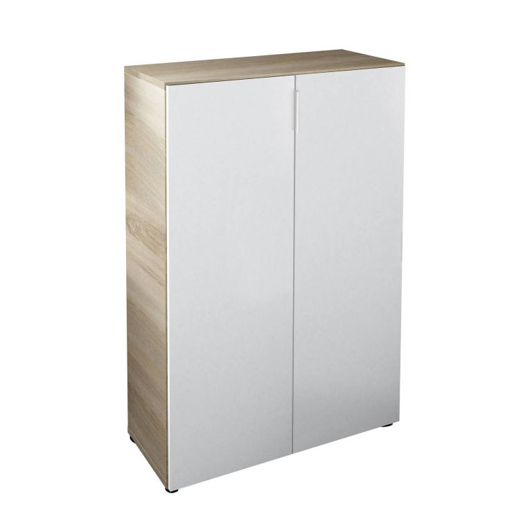 Armadio multiuso Olathe, Mobile ausiliario a 2 ante, Guardaroba basso portascarpe con 6 ripiani, Scarpiera bassa, 70x36h103 cm, Rovere e Bianco
