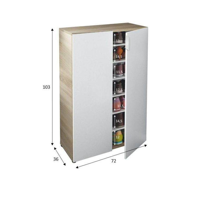 Armadio multiuso Olathe, Mobile ausiliario a 2 ante, Guardaroba basso portascarpe con 6 ripiani, Scarpiera bassa, 70x36h103 cm, Rovere e Bianco