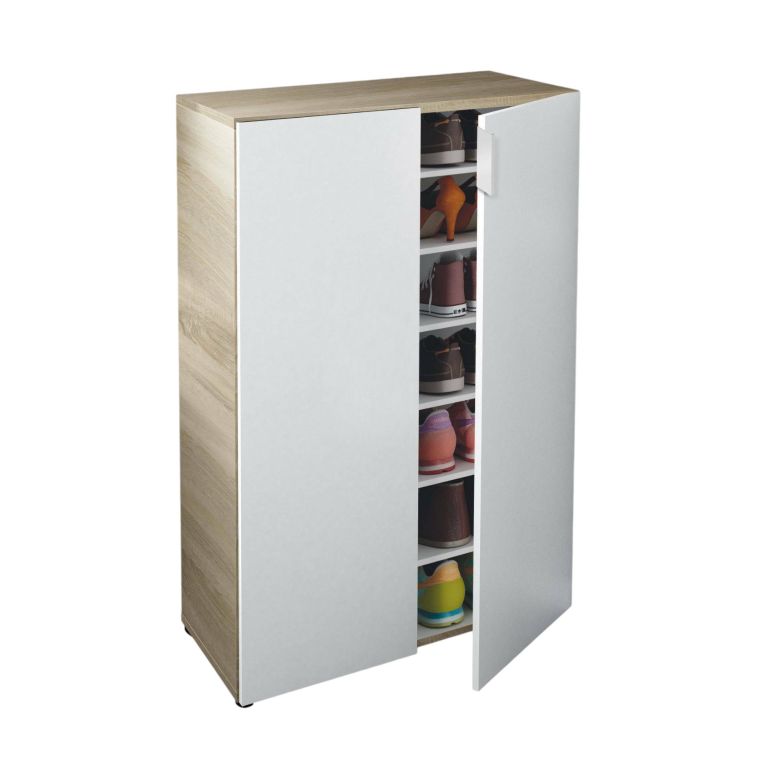 Armadio multiuso Olathe, Mobile ausiliario a 2 ante, Guardaroba basso portascarpe con 6 ripiani, Scarpiera bassa, 70x36h103 cm, Rovere e Bianco