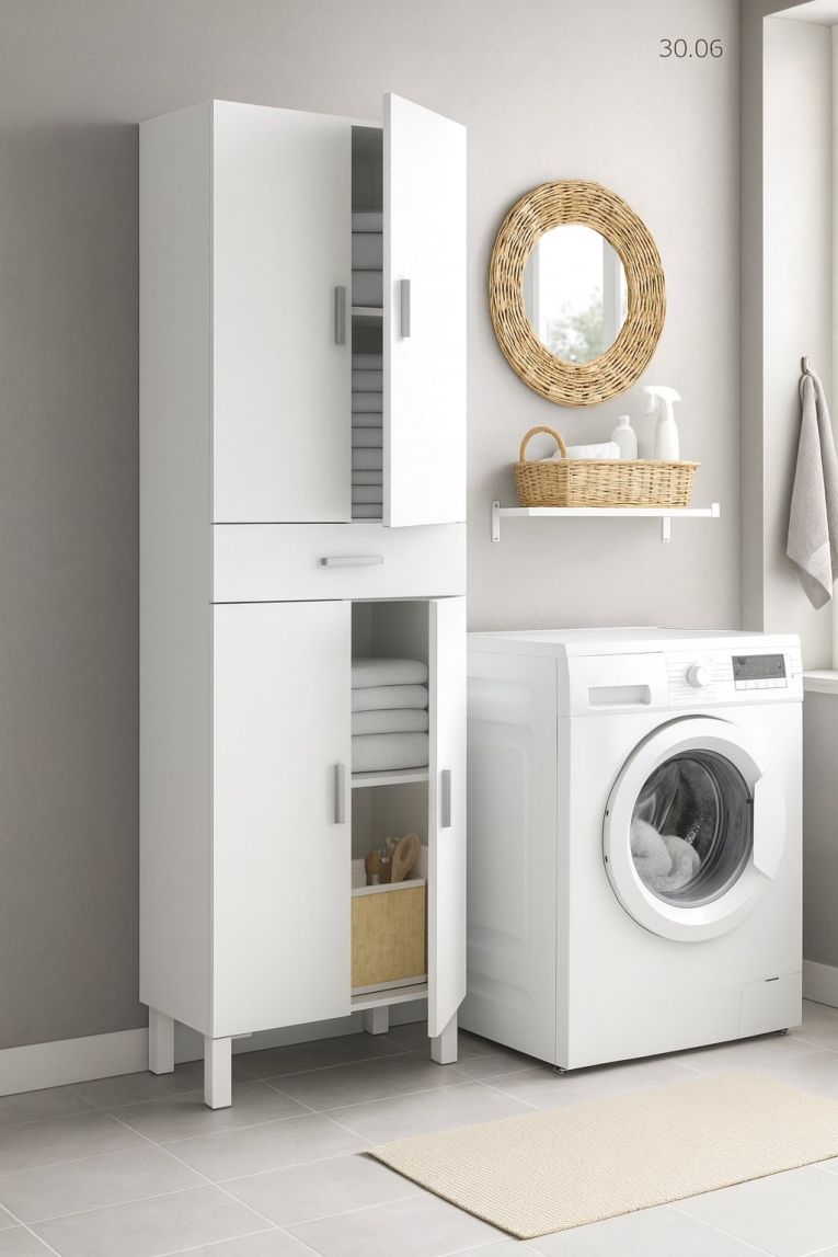 Armadio multiuso Oxnard, Mobile per bagno o lavanderia a 4 ante e 1 cassetto, Armadio multiuso portascarpe, 60x29h182 cm, Bianco lucido