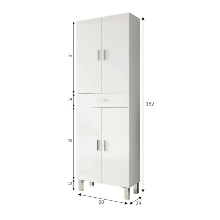 Armadio multiuso Oxnard, Mobile per bagno o lavanderia a 4 ante e 1 cassetto, Armadio multiuso portascarpe, 60x29h182 cm, Bianco lucido