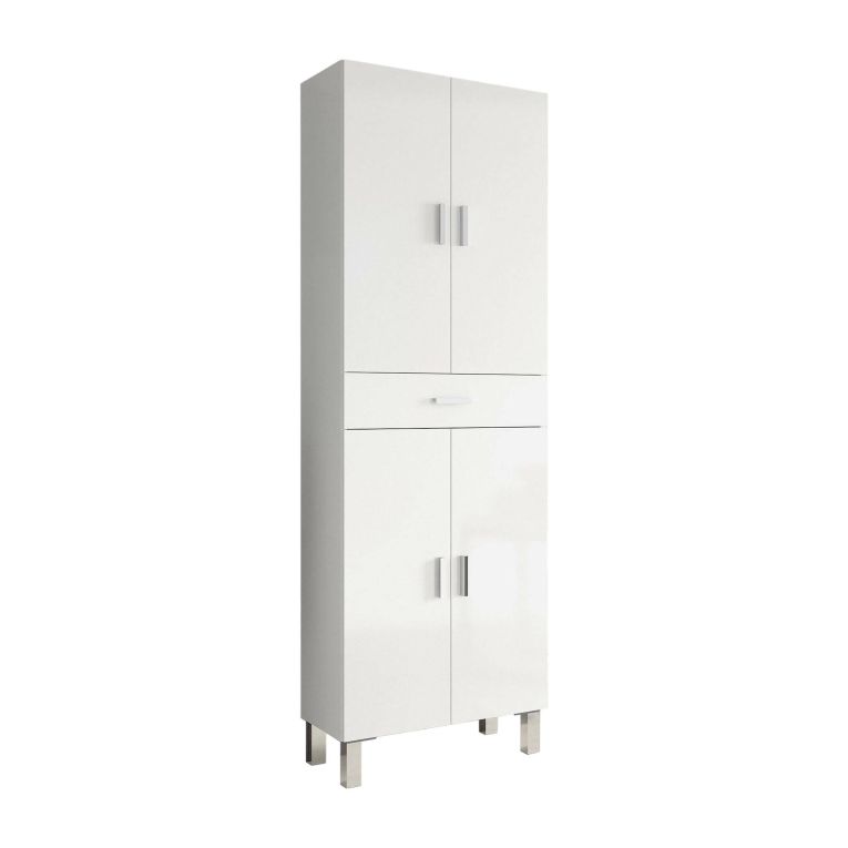 Armadio multiuso Oxnard, Mobile per bagno o lavanderia a 4 ante e 1 cassetto, Armadio multiuso portascarpe, 60x29h182 cm, Bianco lucido