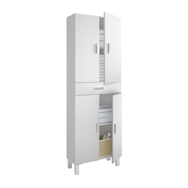 Armadio multiuso Oxnard, Mobile per bagno o lavanderia a 4 ante e 1 cassetto, Armadio multiuso portascarpe, 60x29h182 cm, Bianco lucido