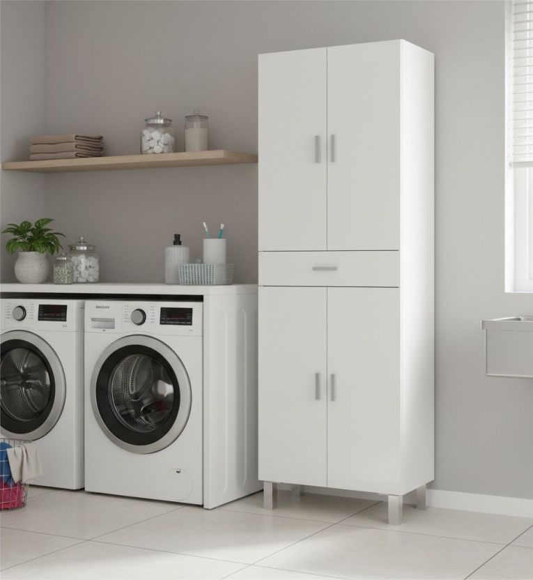 Armadio multiuso Oxnard, Mobile per bagno o lavanderia a 4 ante e 1 cassetto, Armadio multiuso portascarpe, 60x29h182 cm, Bianco lucido