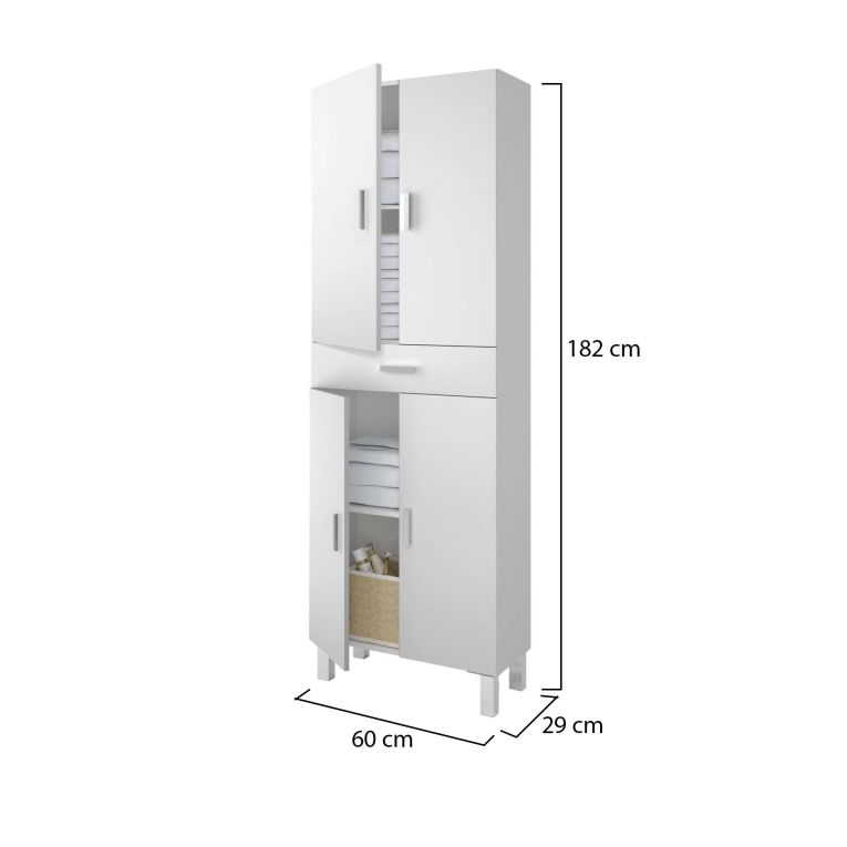 Armadio multiuso Oxnard, Mobile per bagno o lavanderia a 4 ante e 1 cassetto, Armadio multiuso portascarpe, 60x29h182 cm, Bianco lucido