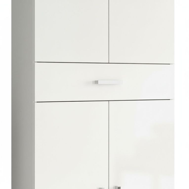 Armadio multiuso Oxnard, Mobile per bagno o lavanderia a 4 ante e 1 cassetto, Armadio multiuso portascarpe, 60x29h182 cm, Bianco lucido