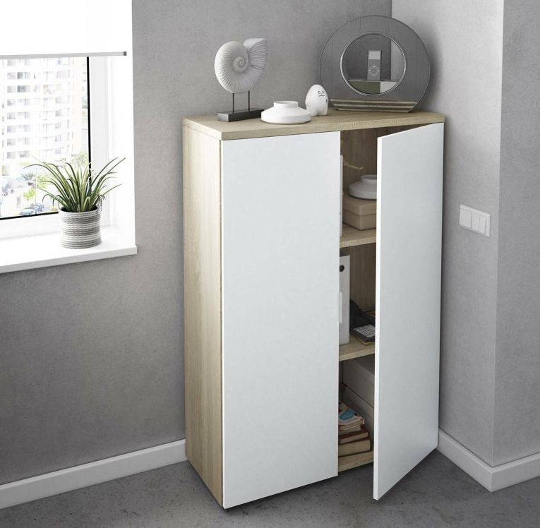 Armadio multiuso Plano, Mobile multiuso a 2 ante, Armadio portascarpe con 3 ripiani, Scarpiera moderna, 80x33h119 cm, Rovere e Bianco