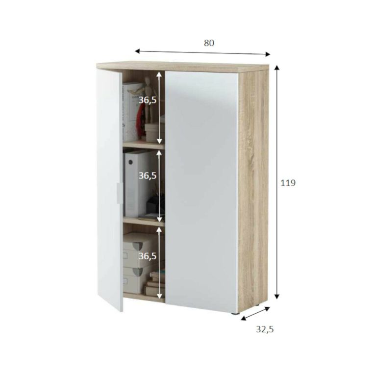 Armadio multiuso Plano, Mobile multiuso a 2 ante, Armadio portascarpe con 3 ripiani, Scarpiera moderna, 80x33h119 cm, Rovere e Bianco