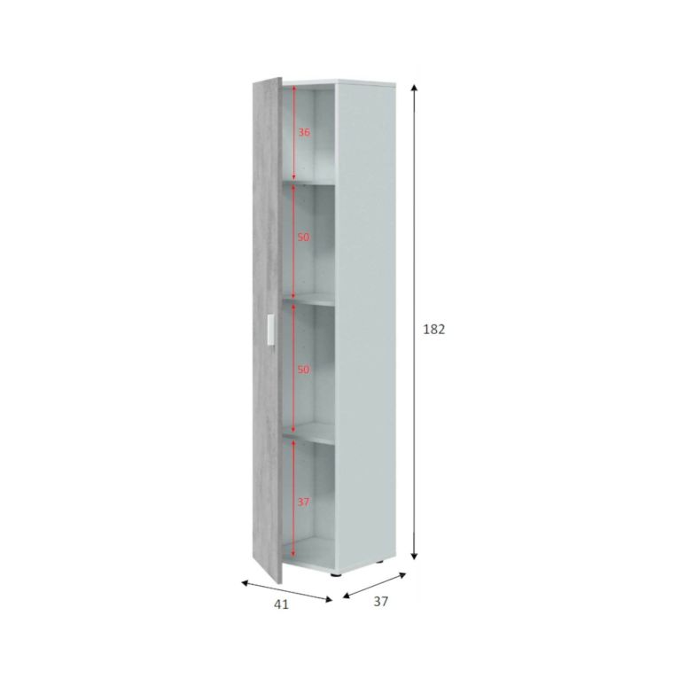 Armadio multiuso Reno, Mobile ausiliario a 1 anta e 3 ripiani, Guardaroba moderno, Mobile alto a colonna, 41x37h182 cm, Cemento e Bianco