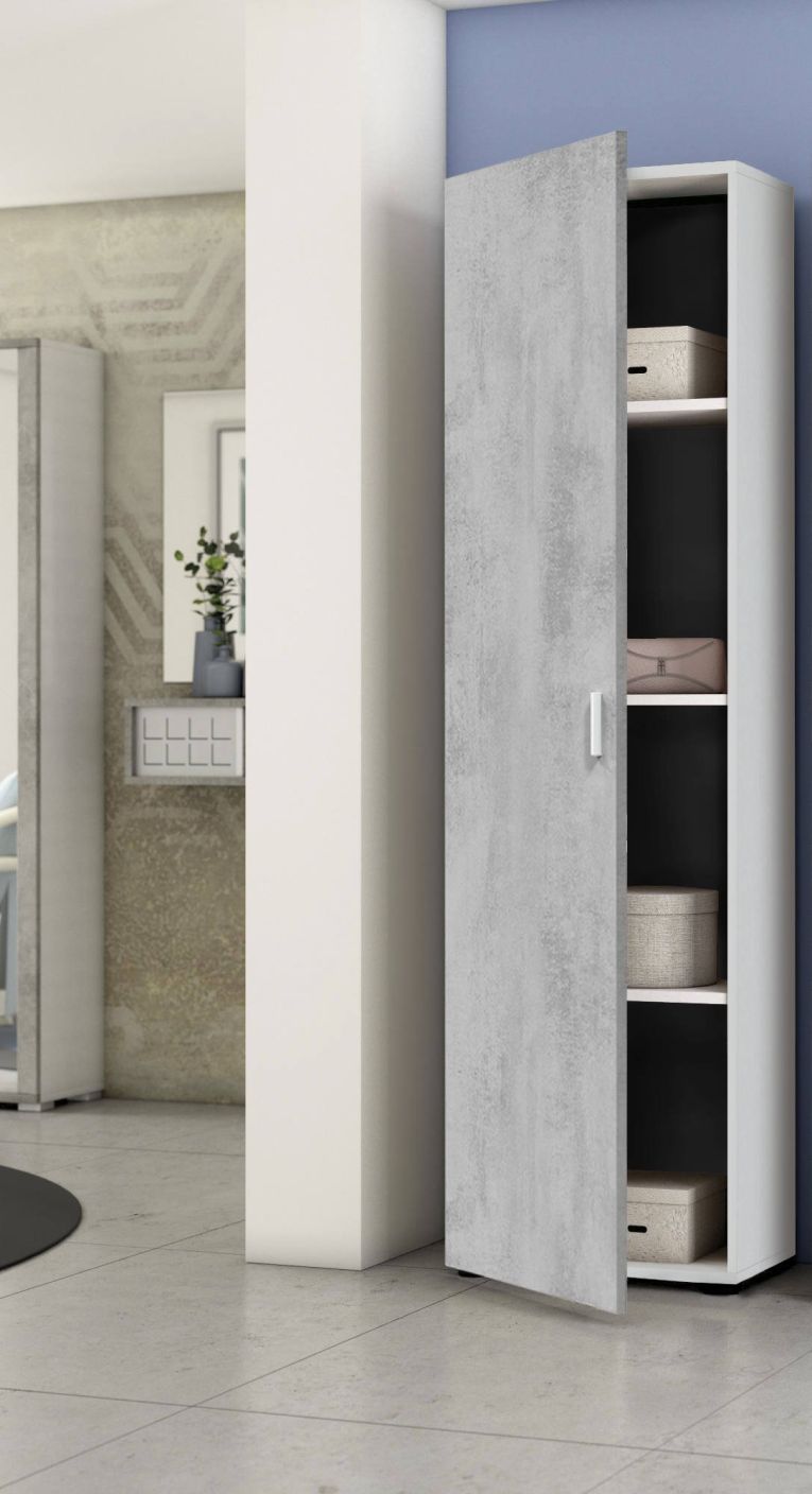 Armadio multiuso Reno, Mobile ausiliario a 1 anta e 3 ripiani, Guardaroba moderno, Mobile alto a colonna, 41x37h182 cm, Cemento e Bianco
