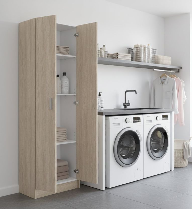 Armadio multiuso Salem, Mobile ausiliario a 2 ante, Portascarpe con 3 ripiani, Scarpiera alta moderna, 59x37h180 cm, Rovere