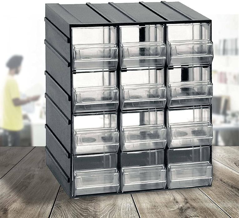 Armadio multiuso Tienen, Armadietto porta minuteria, Mobile per contenitori portautensili, 100% Made in Italy, 19x15h23 cm, Antracite, 12 cassetti