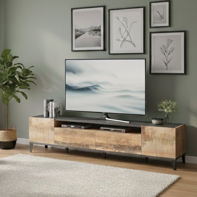 Base TV acero e ardesia 200x40x47h cm 2 ante e 2 cassetti - Abina