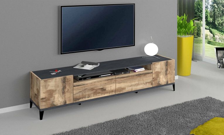 Base TV acero e ardesia 200x40x47h cm 2 ante e 2 cassetti - Abina