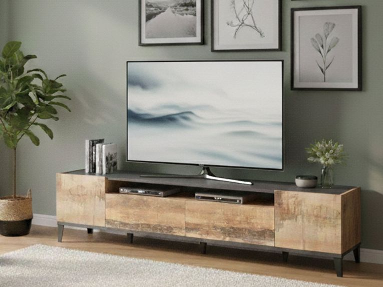 Base TV acero e ardesia 200x40x47h cm 2 ante e 2 cassetti - Abina