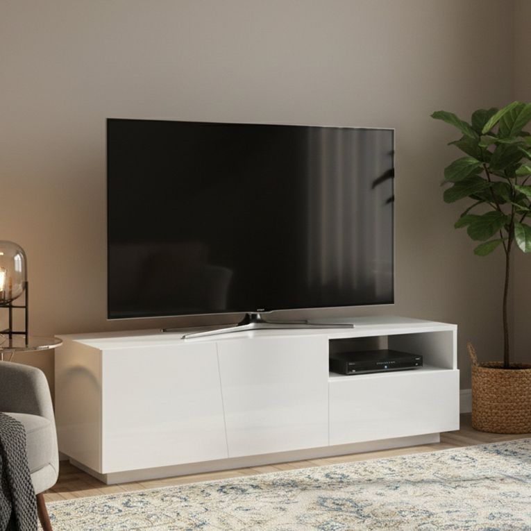 Base TV bianco lucido 150x43x46h cm 2 ante e 1 cassetto - Aiace