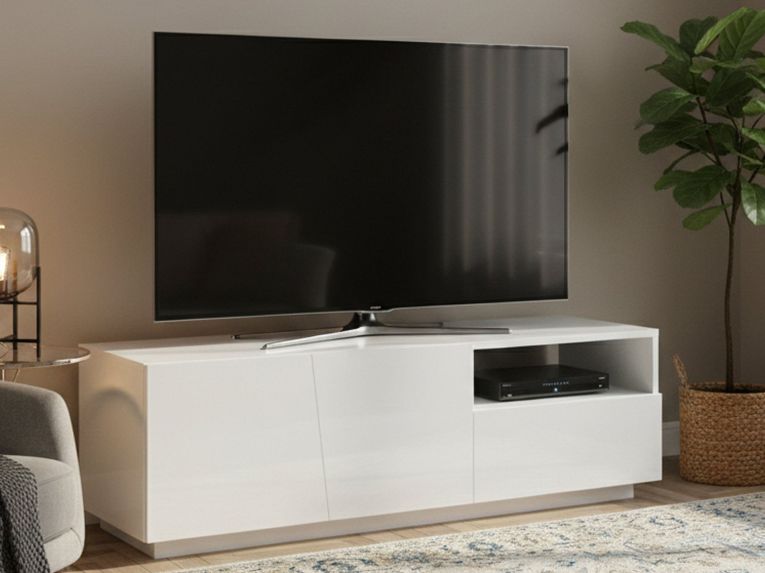 Base TV bianco lucido 150x43x46h cm 2 ante e 1 cassetto - Aiace