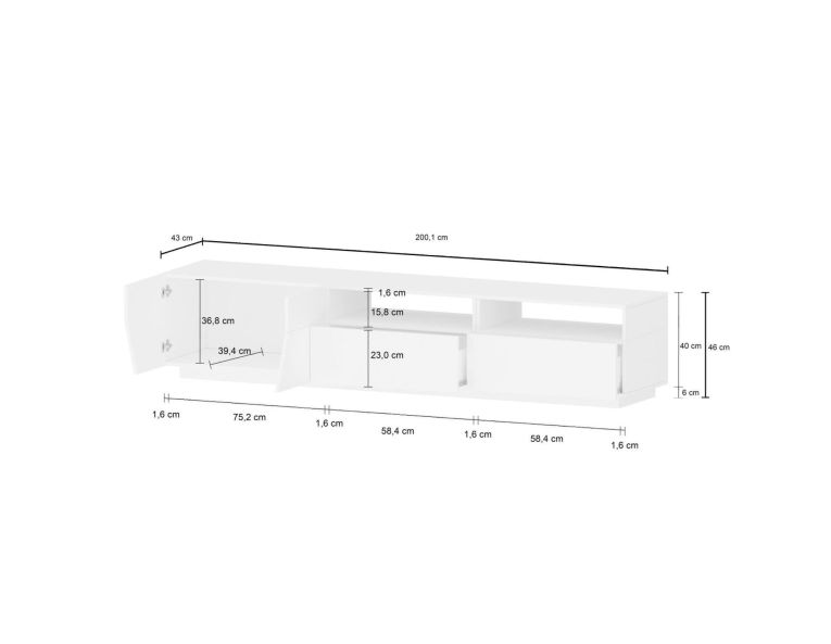 Base TV bianco lucido 200x43x46h cm 2 ante e 2 cassetti - Arghi