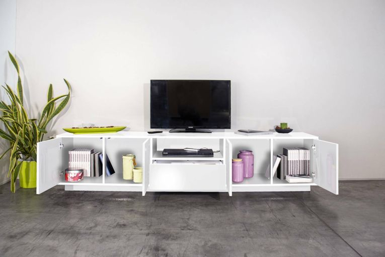 Base TV bianco lucido 220x41x46h cm 4 ante e 1 cassetto - Ajuly