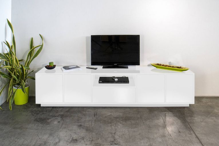 Base TV bianco lucido 220x41x46h cm 4 ante e 1 cassetto - Ajuly