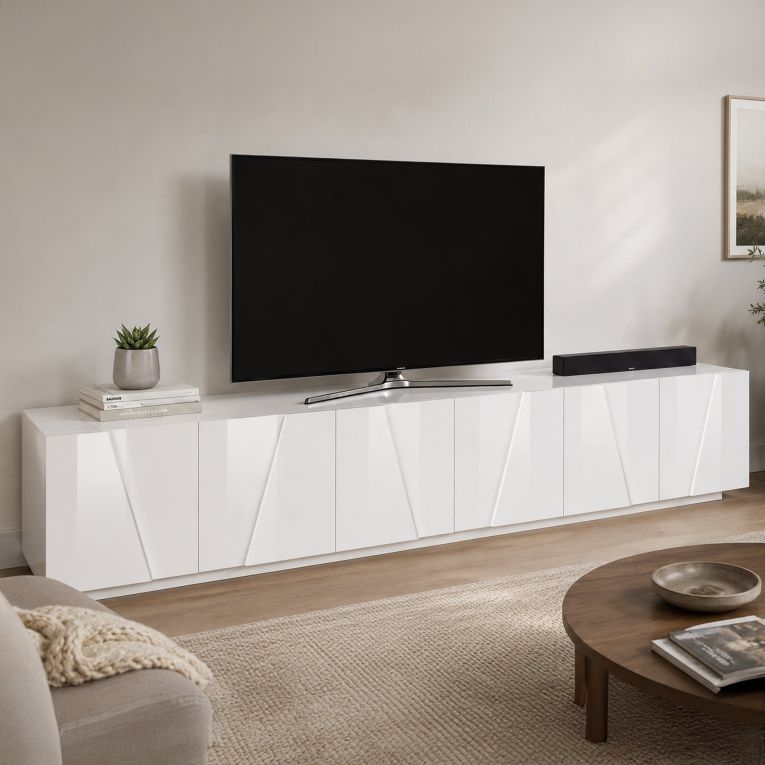 Base TV bianco lucido 244x44x46h cm 6 ante e 1 cassetto - Aemilor