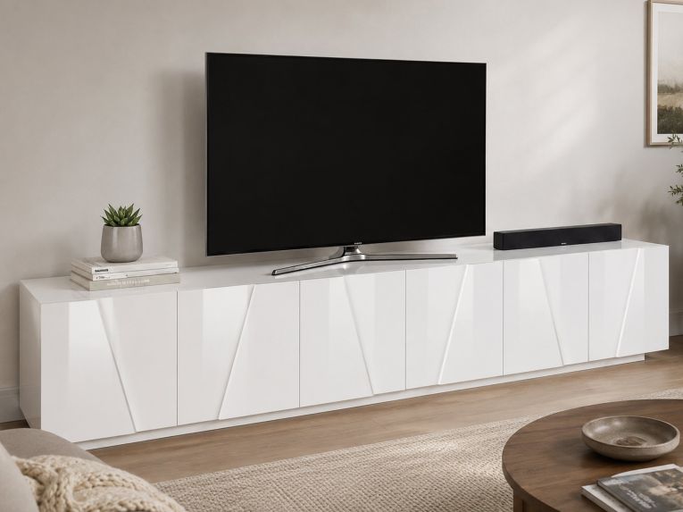 Base TV bianco lucido 244x44x46h cm 6 ante e 1 cassetto - Aemilor