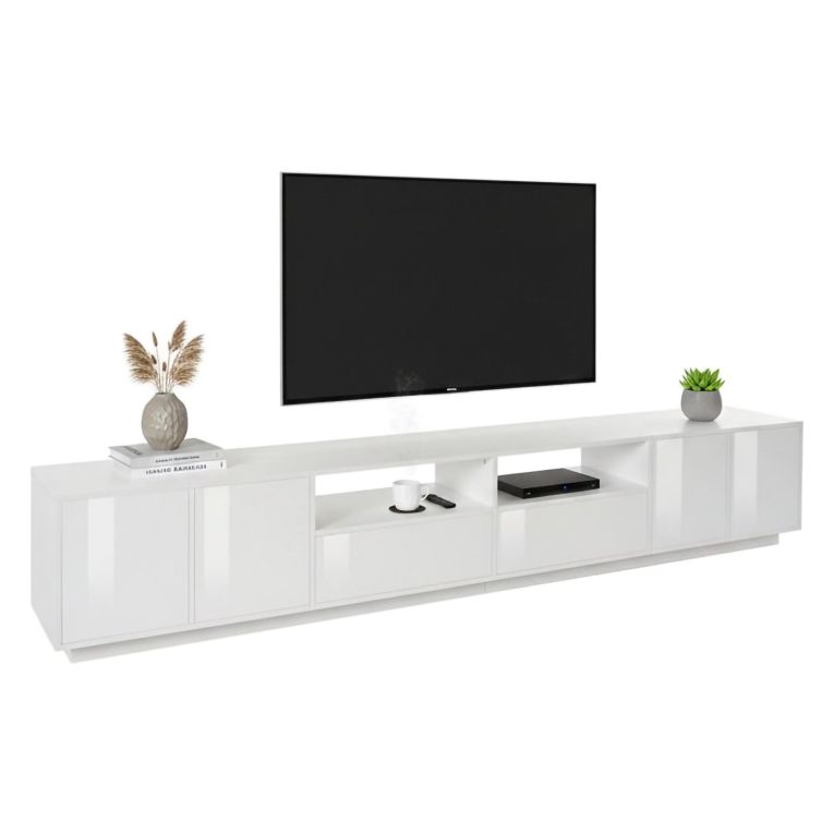 Base TV bianco lucido 260x41x46h cm 4 ante e 2 cassetti - Albak