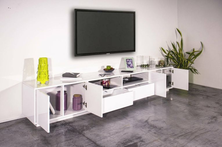 Base TV bianco lucido 260x41x46h cm 4 ante e 2 cassetti - Albak