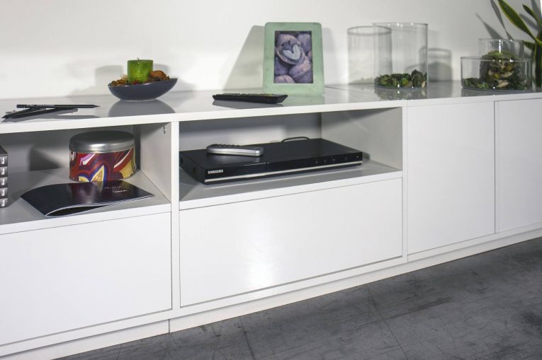 Base TV bianco lucido 260x41x46h cm 4 ante e 2 cassetti - Albak