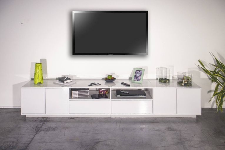 Base TV bianco lucido 260x41x46h cm 4 ante e 2 cassetti - Albak